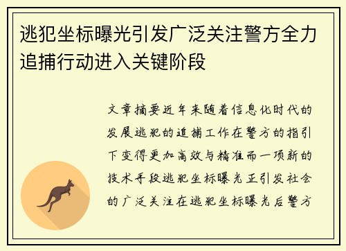 逃犯坐标曝光引发广泛关注警方全力追捕行动进入关键阶段